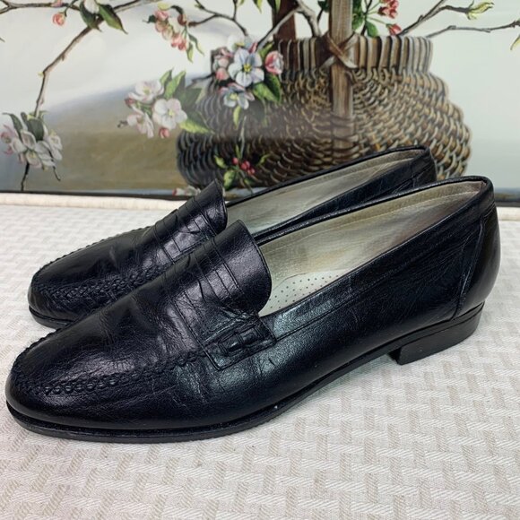 Vintage Ikam Italia Black Leather Mens Loafers Size 10 Timeless Design Detailing - Picture 1 of 8